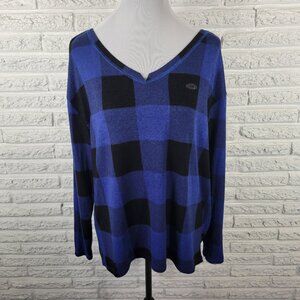Maurices 24/7 Womens 1X Plus Blue Black Plaid V-Neck Long Sleeve Top PLA44E